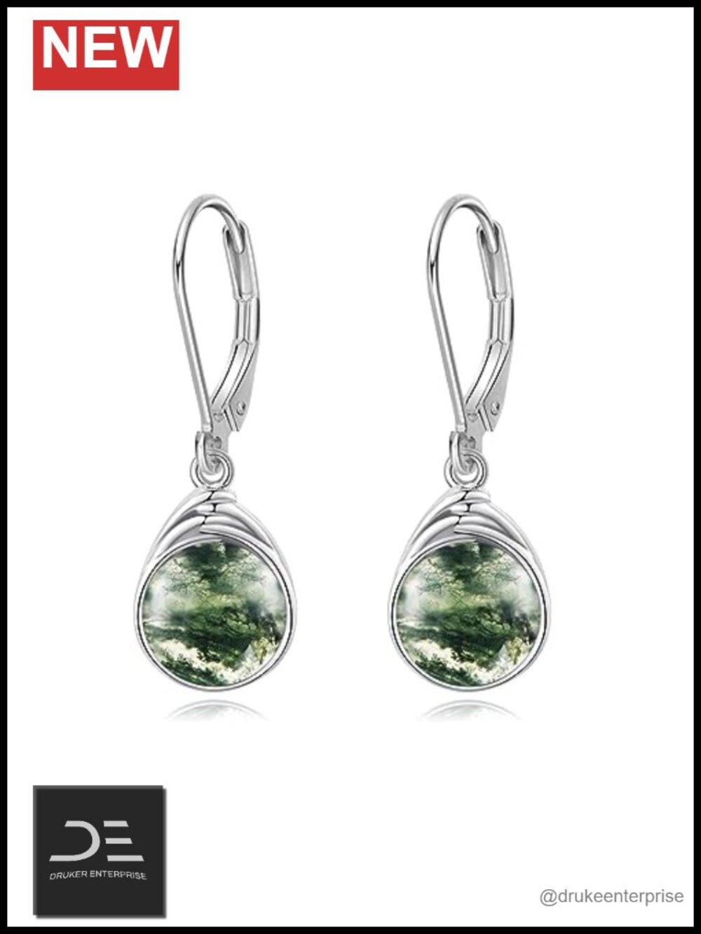 925 Sterling Silver Leverback Dangling Earrings Moss Agate Natural Stone